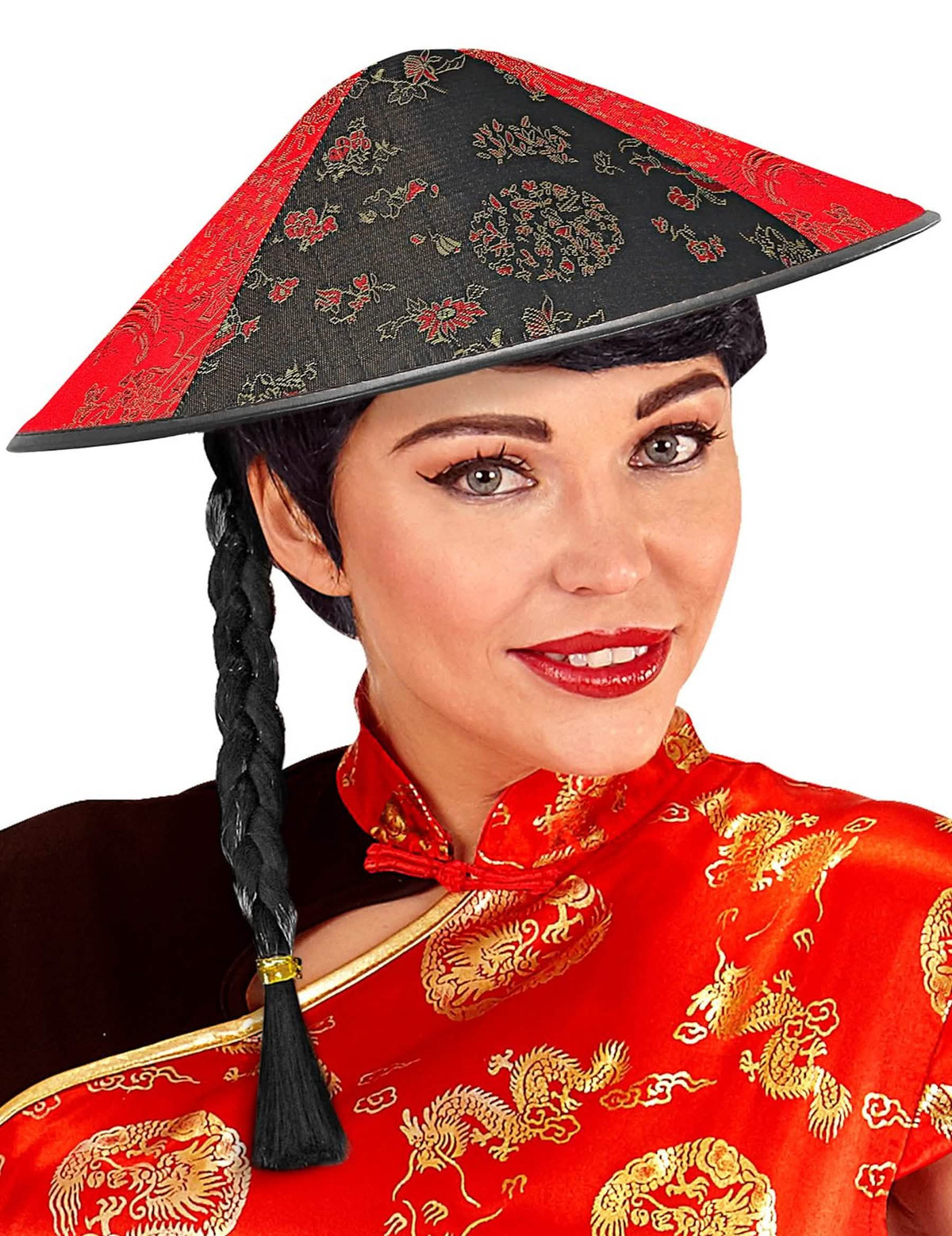 Chinesischer Hut mit schwarzem Zopf für Erwachsene Rot und Schwarz mit Blumenmuster