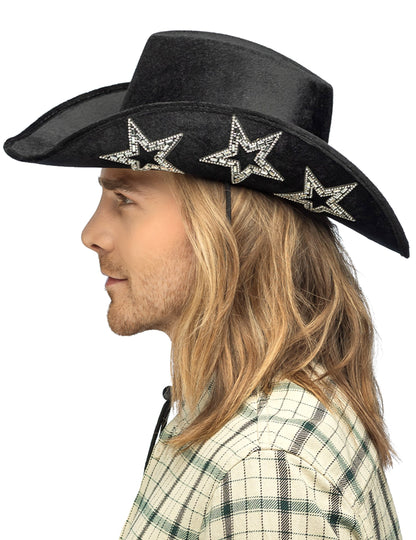 Vue de profil du chapeau de cowboy noir avec étoiles argentées pour adulte