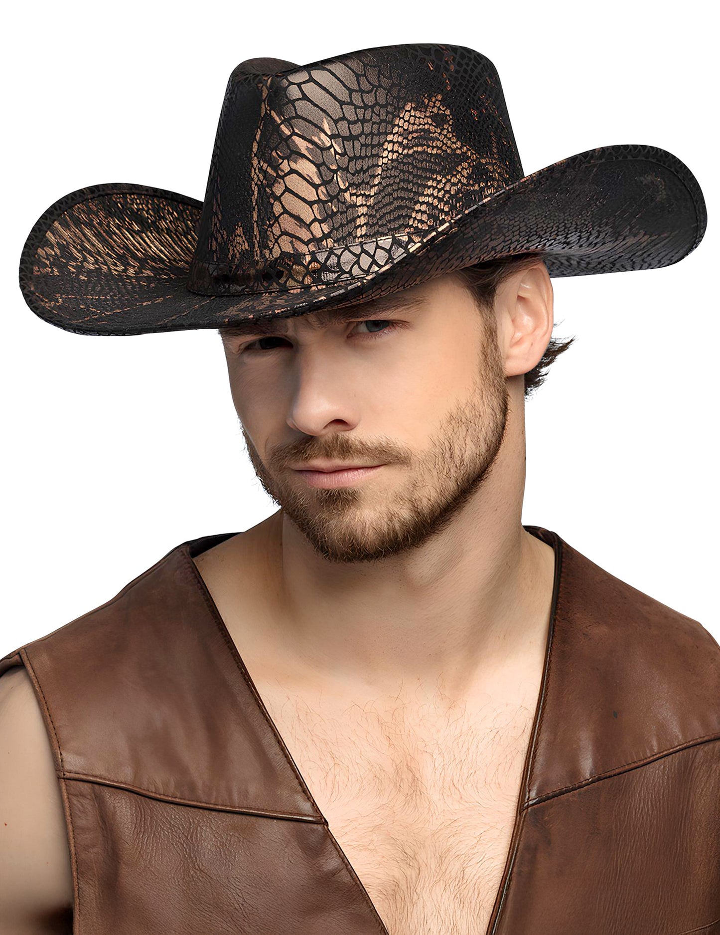 Chapeau Cowboy Peau de Cobra pour adulte bronze et noir à effet métallisé