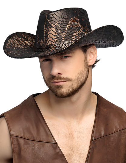 Chapeau Cowboy Peau de Cobra pour adulte bronze et noir à effet métallisé