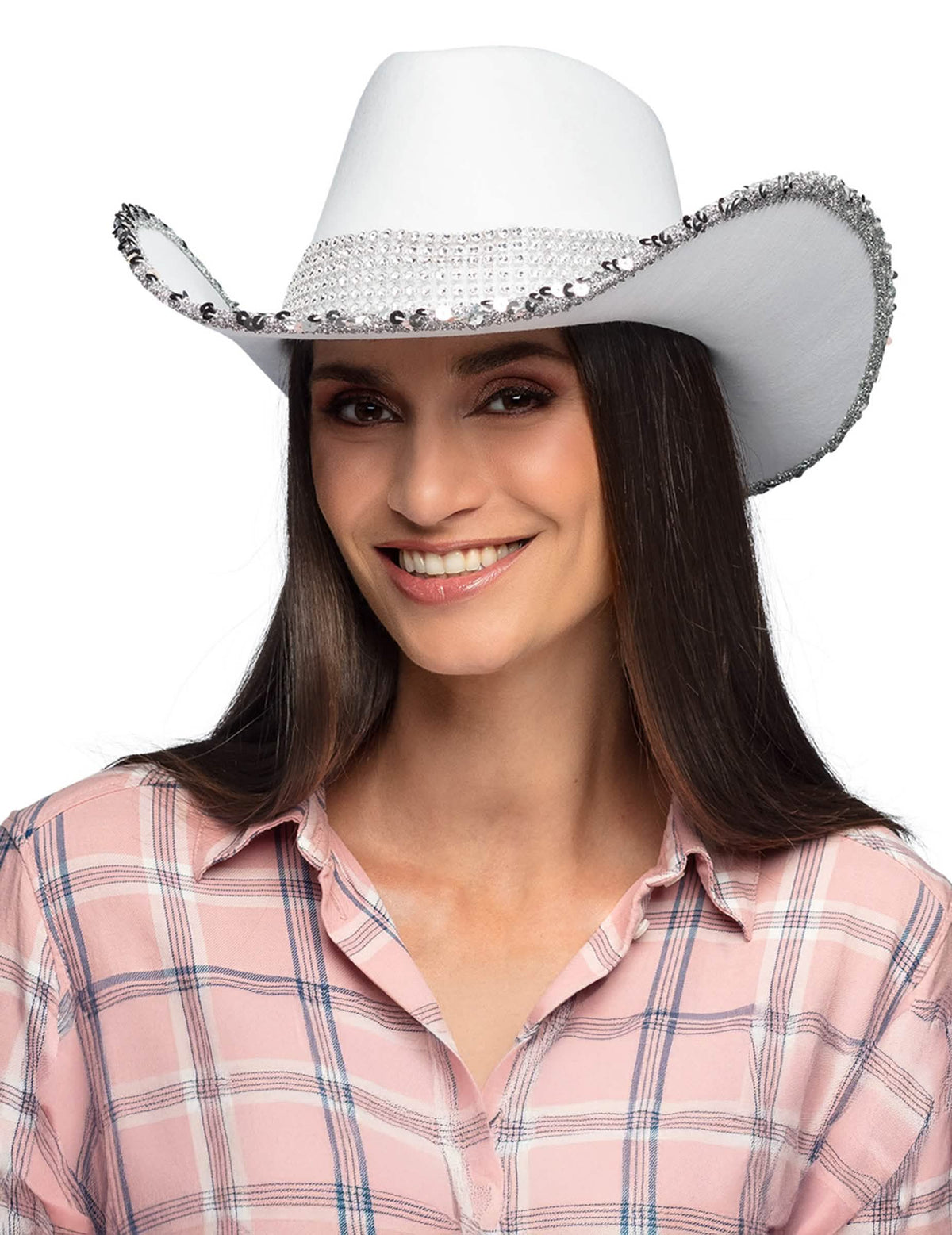 Chapeau de cowboy blanc à strass pour adulte blanc avec bordure de sequins argentés