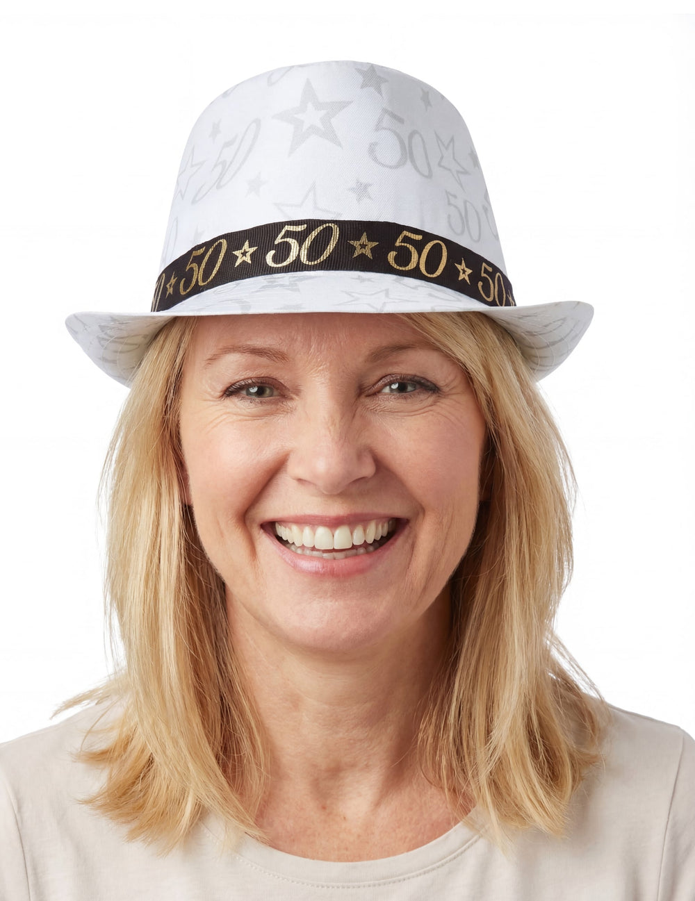Chapeau de gangster 50 ans pour adulte blanc avec étoiles et ruban noir et or