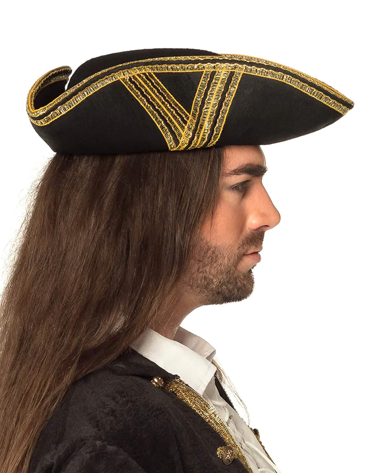 Seitenansicht des Piratenhuts für Erwachsene Schwarz mit Farbe Gold-Einfassung