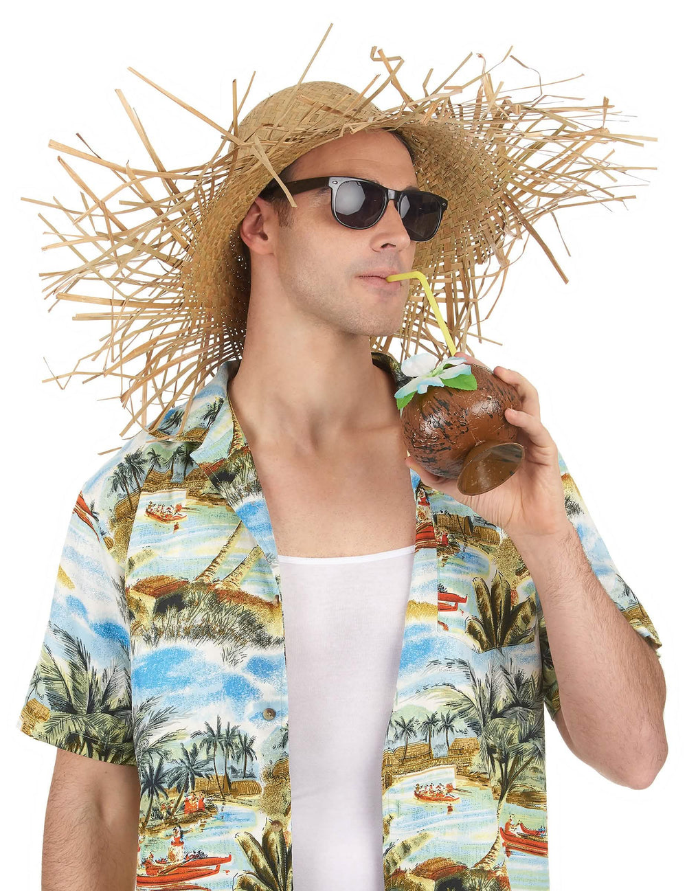 Vue de face du chapeau en paille Hawaï porté avec accessoires