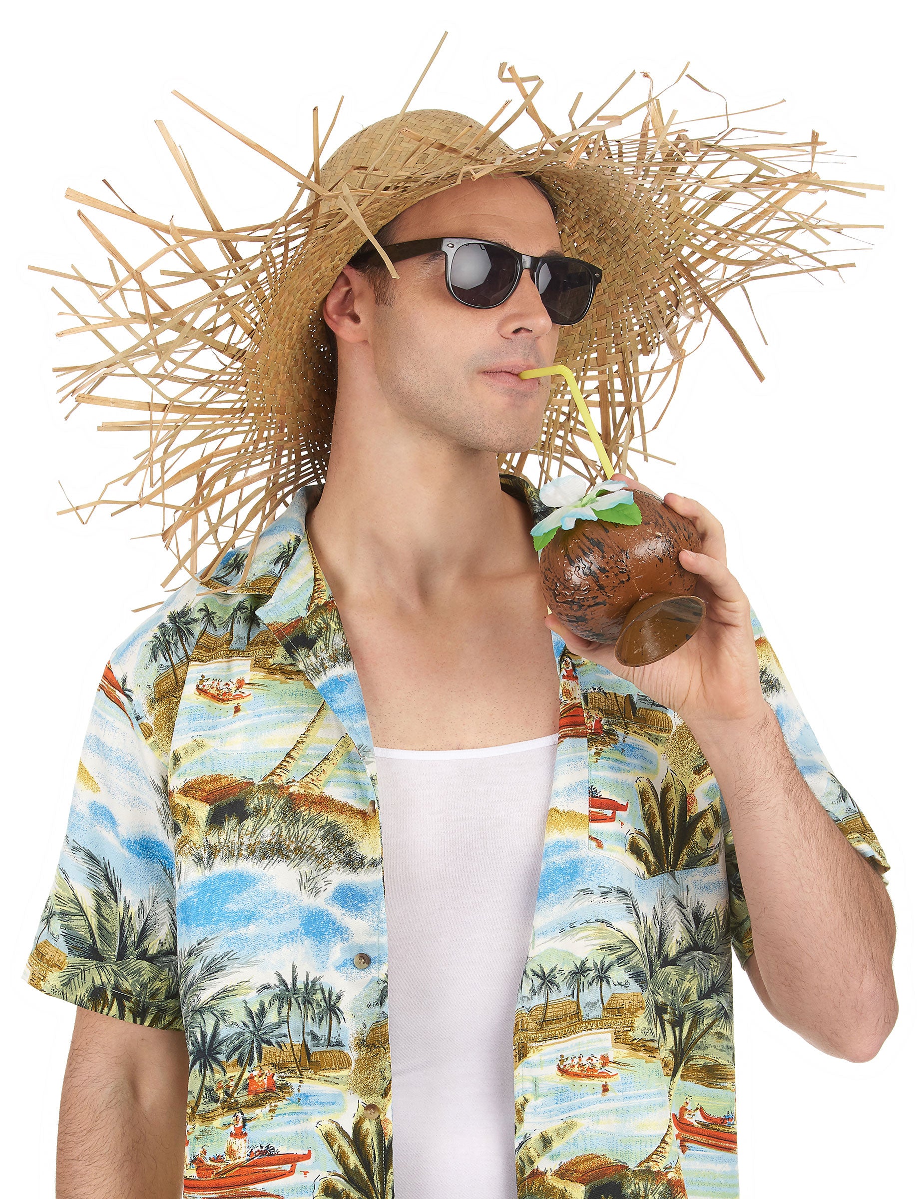 Vue de face du chapeau en paille Hawaï porté avec accessoires