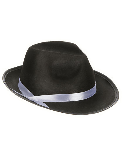 Chapeau gangster pour adulte noir avec ruban blanc satiné