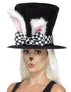 Chapeau haut de forme lapin pour adulte noir avec oreilles blanches et nœud à damier