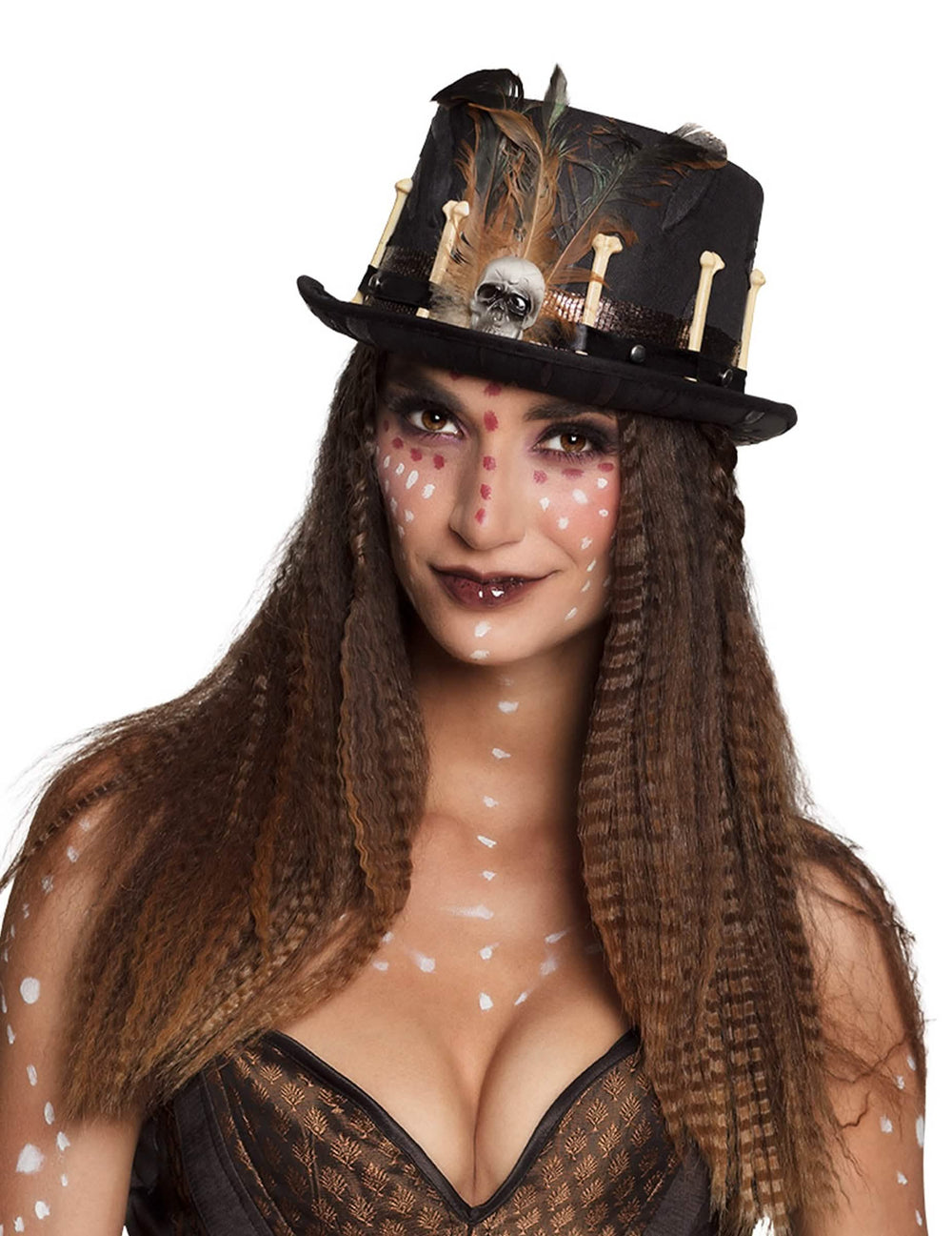 Voodoo-Zylinder für Erwachsene Schwarz mit Federn und Knochen