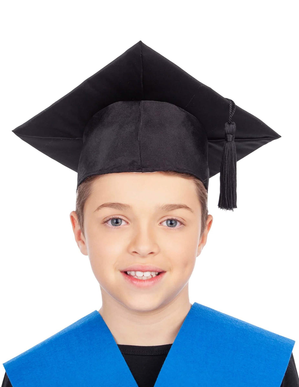Schwarzer Kinder-Abschlusshut mit Bommel und Blauem Kragen
