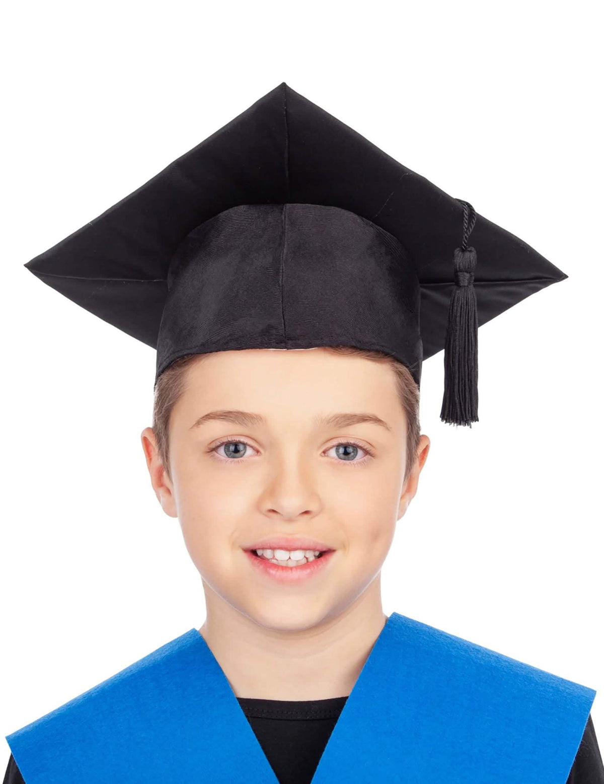 Schwarzer Kinder-Abschlusshut mit Bommel und Blauem Kragen