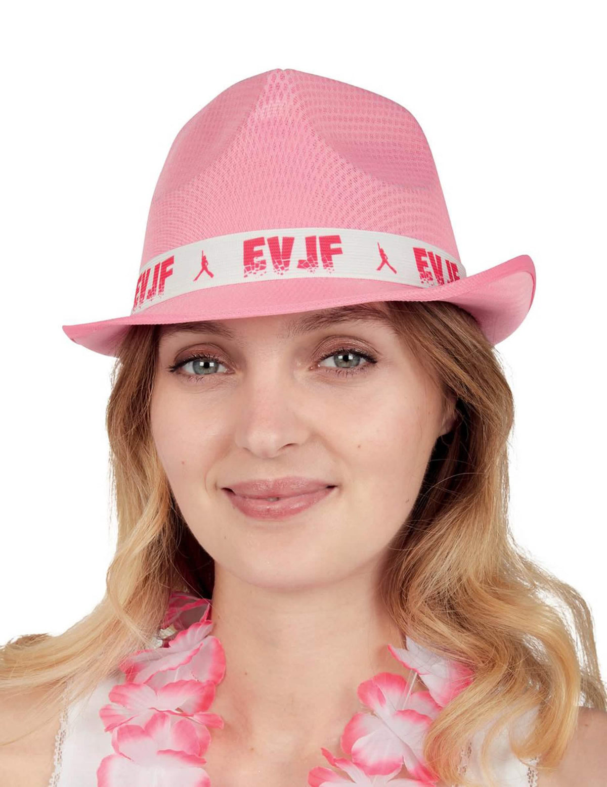 Chapeau EVJF pour adulte rose avec ruban blanc marqué EVJF
