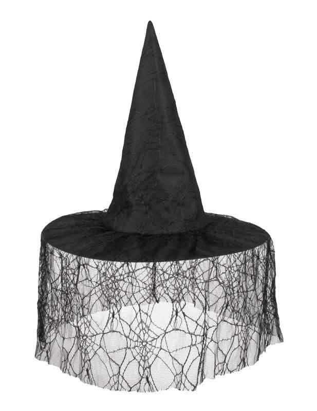 Vue de face du chapeau de sorcière pour femme noir avec voile araignée