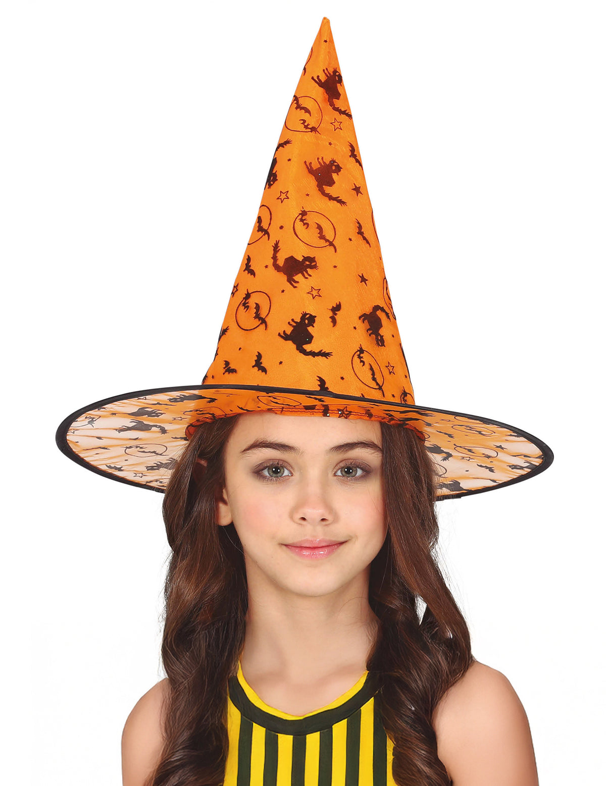Chapeau de sorcière pour enfant orange et noir avec motifs de chats et chauves-souris