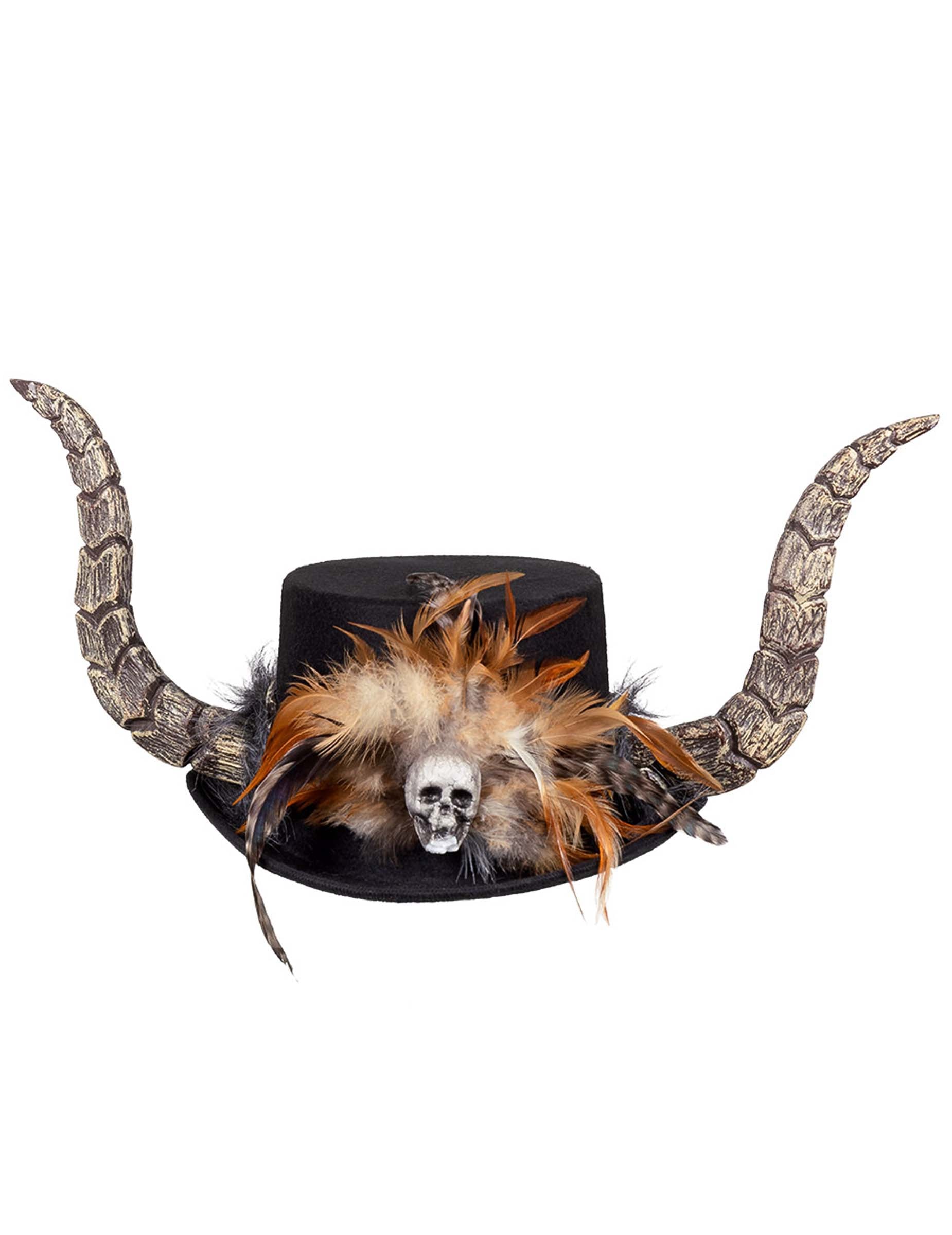 Vue de face du chapeau vaudou avec cornes et plumes
