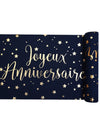Baumwoll-Tischläufer "Happy Birthday" Marineblau und Gold 28 cm x 3 m