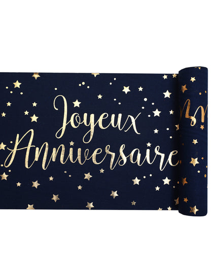 Baumwoll-Tischläufer "Happy Birthday" Marineblau und Gold 28 cm x 3 m