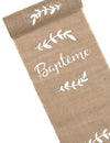 Chemin de table baptême et feuillages pour fête en toile de jute naturel et blanc