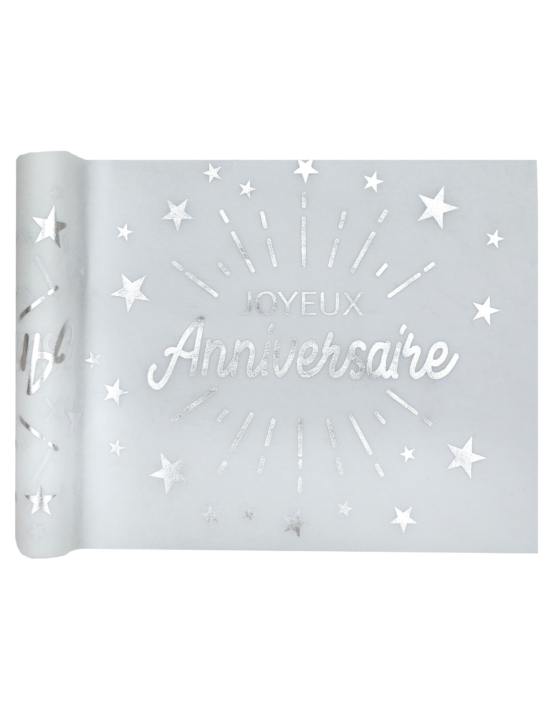 Chemin de table intissé anniversaire pour fête blanc et argent avec étoiles