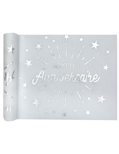Chemin de table intissé anniversaire pour fête blanc et argent avec étoiles
