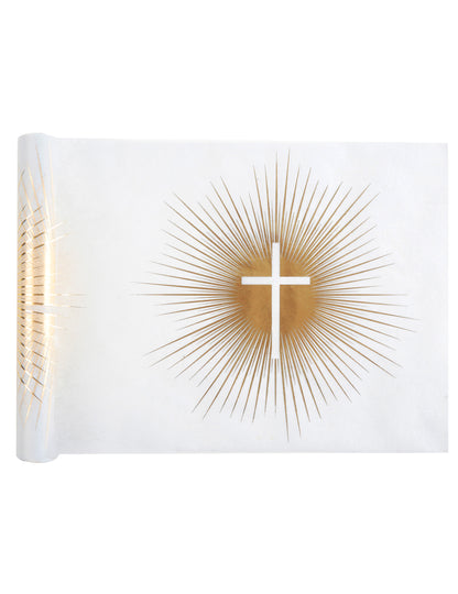 Chemin de table intissé de cérémonie blanc et doré avec croix