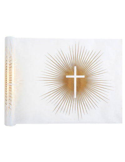 Chemin de table intissé de cérémonie blanc et doré avec croix