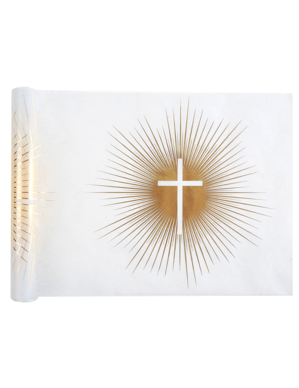 Chemin de table intissé de cérémonie blanc et doré avec croix