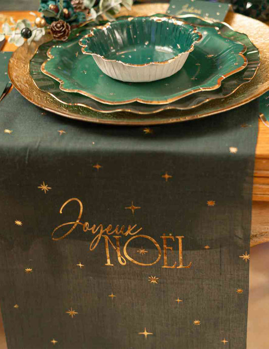 Klassischer Tischläufer "Joyeux Noël" in Dunkelgrün & Gold 28 cm x 3 m