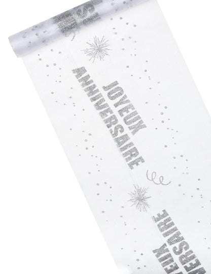 Chemin de table organza Joyeux anniversaire argent pailleté