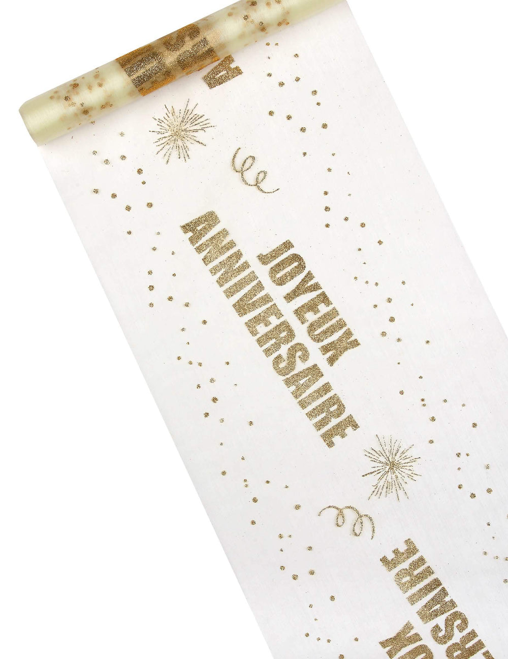 Chemin de table organza Joyeux Anniversaire pour fête blanc et doré pailleté