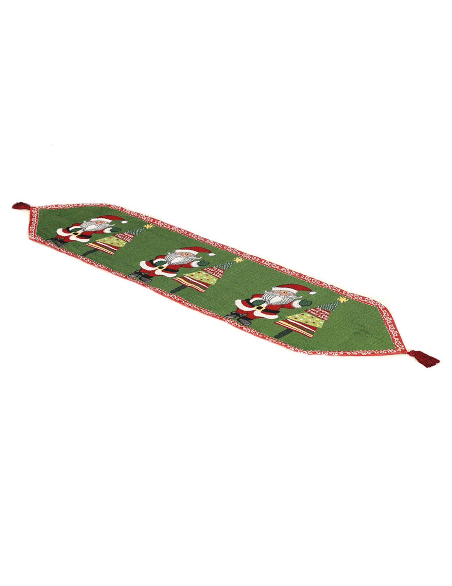 Chemin de table Noël pour décoration de fête vert à motifs Père Noël avec tassels
