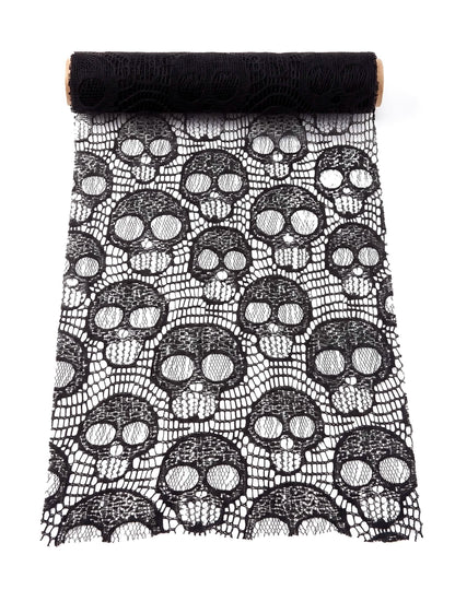 Schwarzer Spitzen-Tischläufer Totenkopf-Design 28 cm x 3 m
