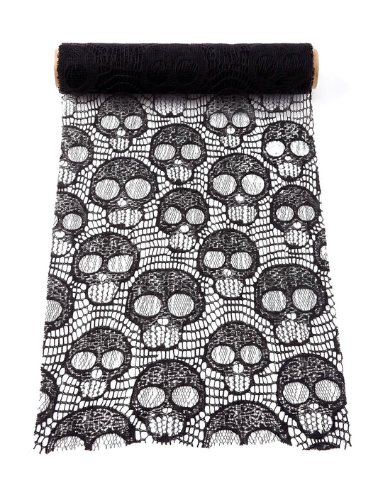 Schwarzer Spitzen-Tischläufer Totenkopf-Design 28 cm x 3 m