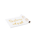 Chemin de table en organza motifs laurier pour baptême paillettes dorées