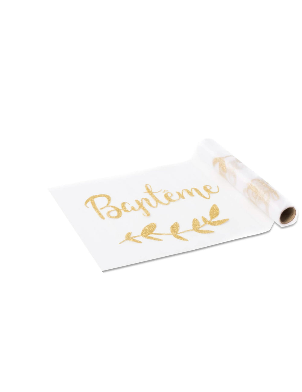Chemin de table en organza motifs laurier pour baptême paillettes dorées