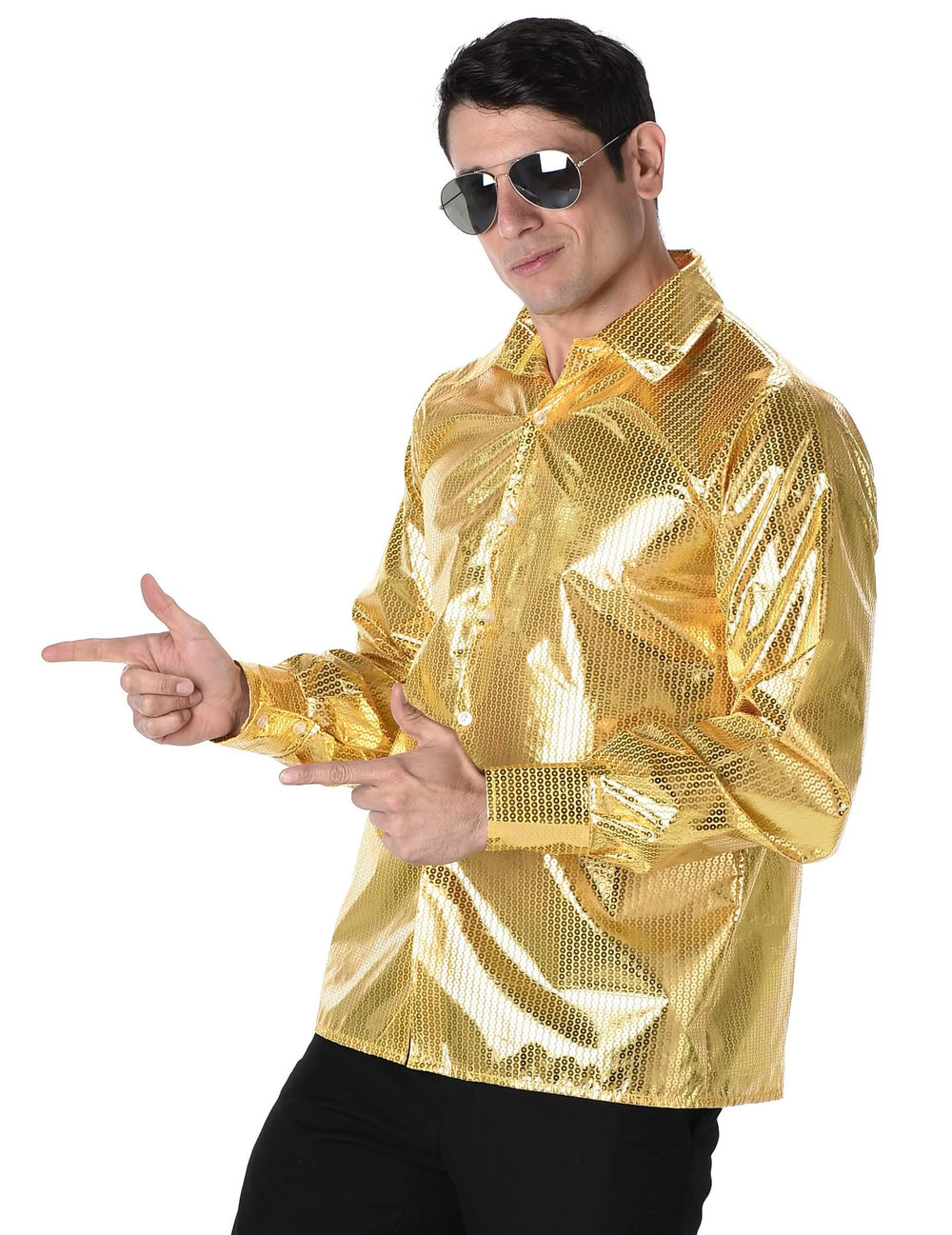 Seitenansicht des Disco (70er)-Herrenhemds mit goldenen Pailletten