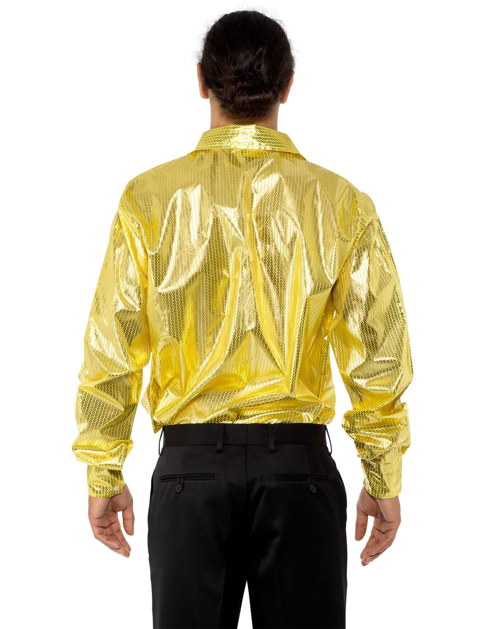 Rückansicht des Disco (70er)-Herrenhemds mit goldenen Pailletten
