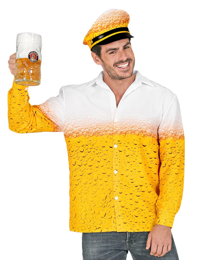 Gelbes und weißes Bierhemd und Bierhut für Erwachsene mit Schaum-Motiv