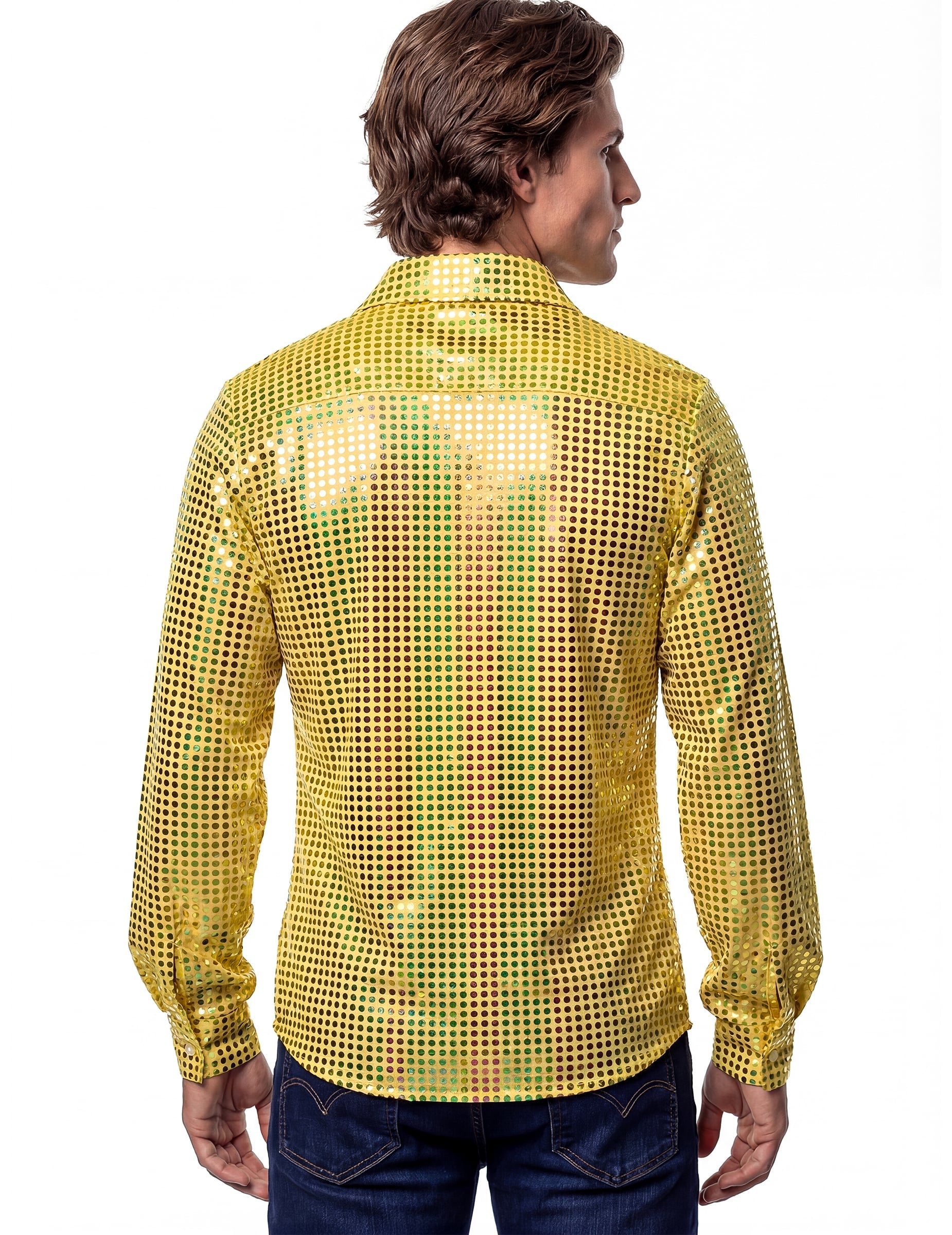 Vue de dos de la chemise disco pour homme jaune haut de gamme à sequins