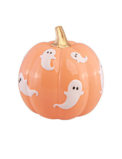 Summerween KÃ¼rbis Deko Pastellorange mit weiÃŸen Gespenstern 14,8 cm
