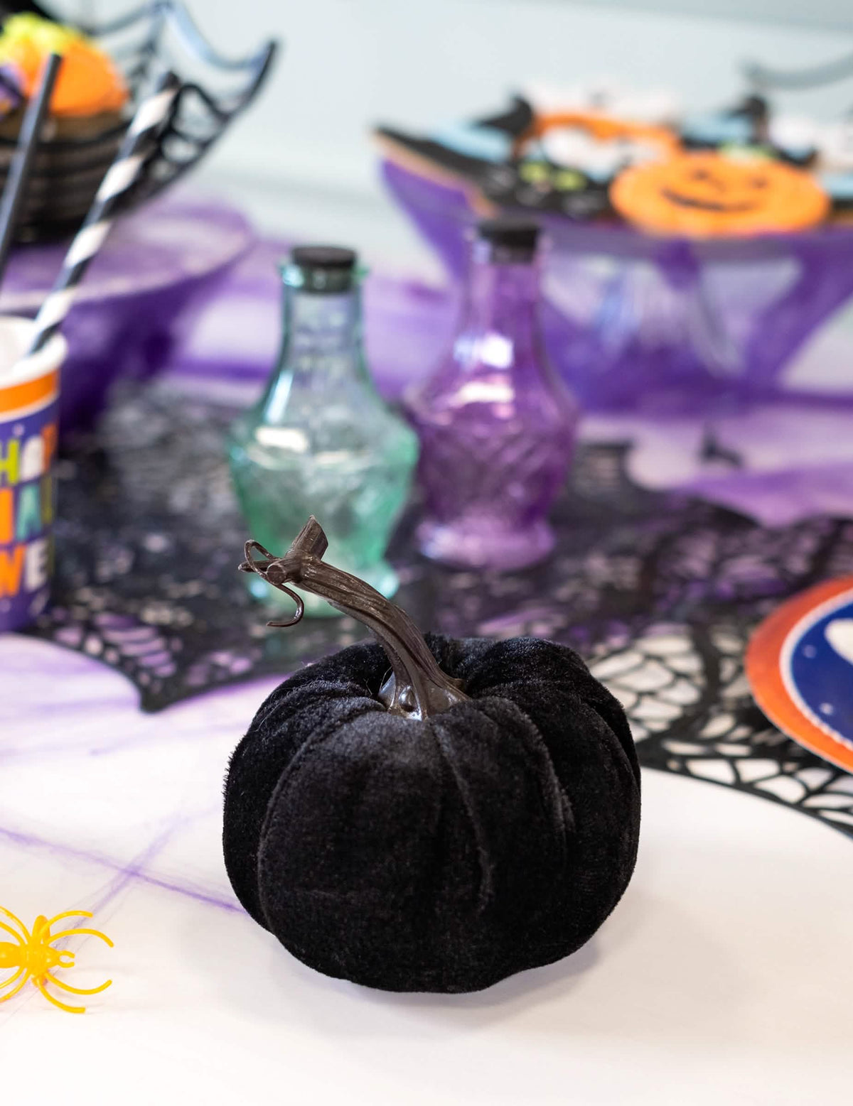 Gros plan sur la citrouille décorative pour Halloween noire en velours