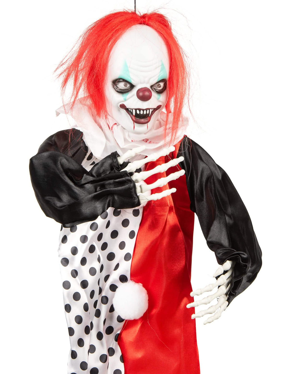 Leuchtender Killerclown zur Halloween-Dekoration mit rotem Haar und Skelett-Händen