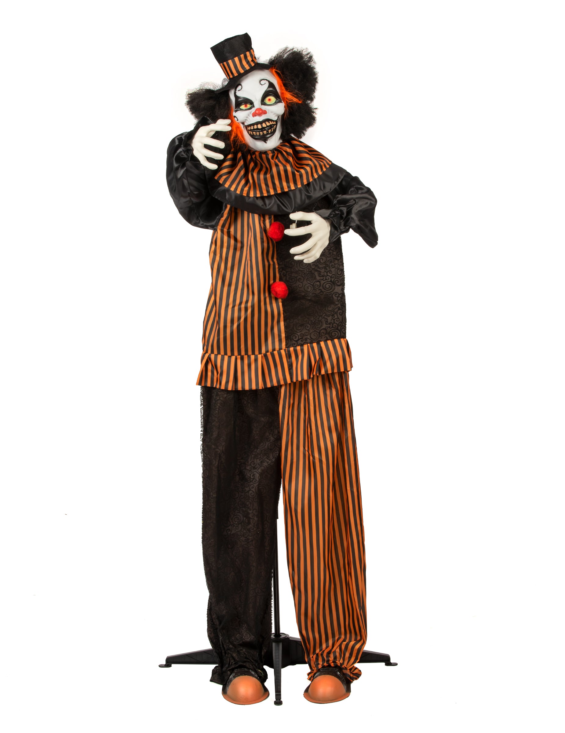 Vue de face sur son support du clown démoniaque animé pour Halloween