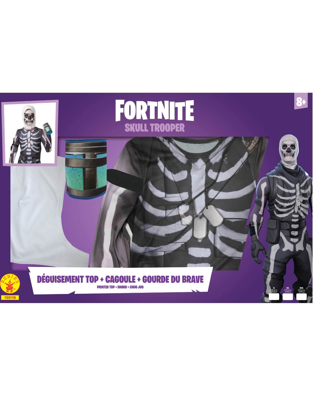 Details des Oberteils der Sturmhaube und der Trinkflasche des Kostümsets Skull Trooper Fortnite