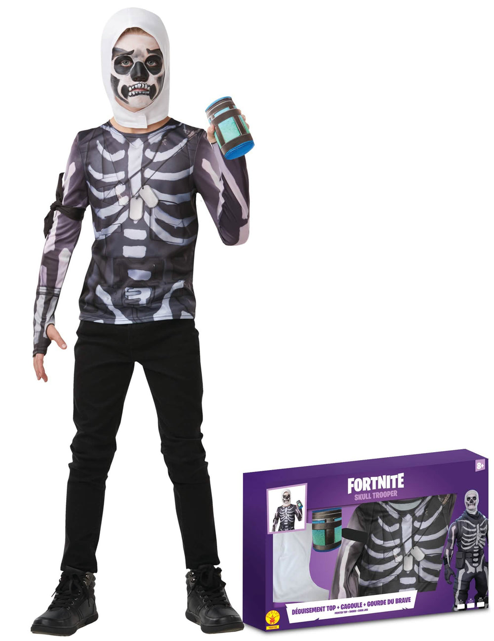 Verkleidungsset Skull Trooper Fortnite für Jugendliche schwarz und weiß mit Sturmhaube und Flasche