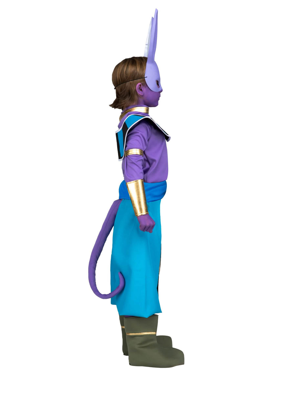 Seitenansicht des Beerus-Dragon Ball-Kostüms mit Maske