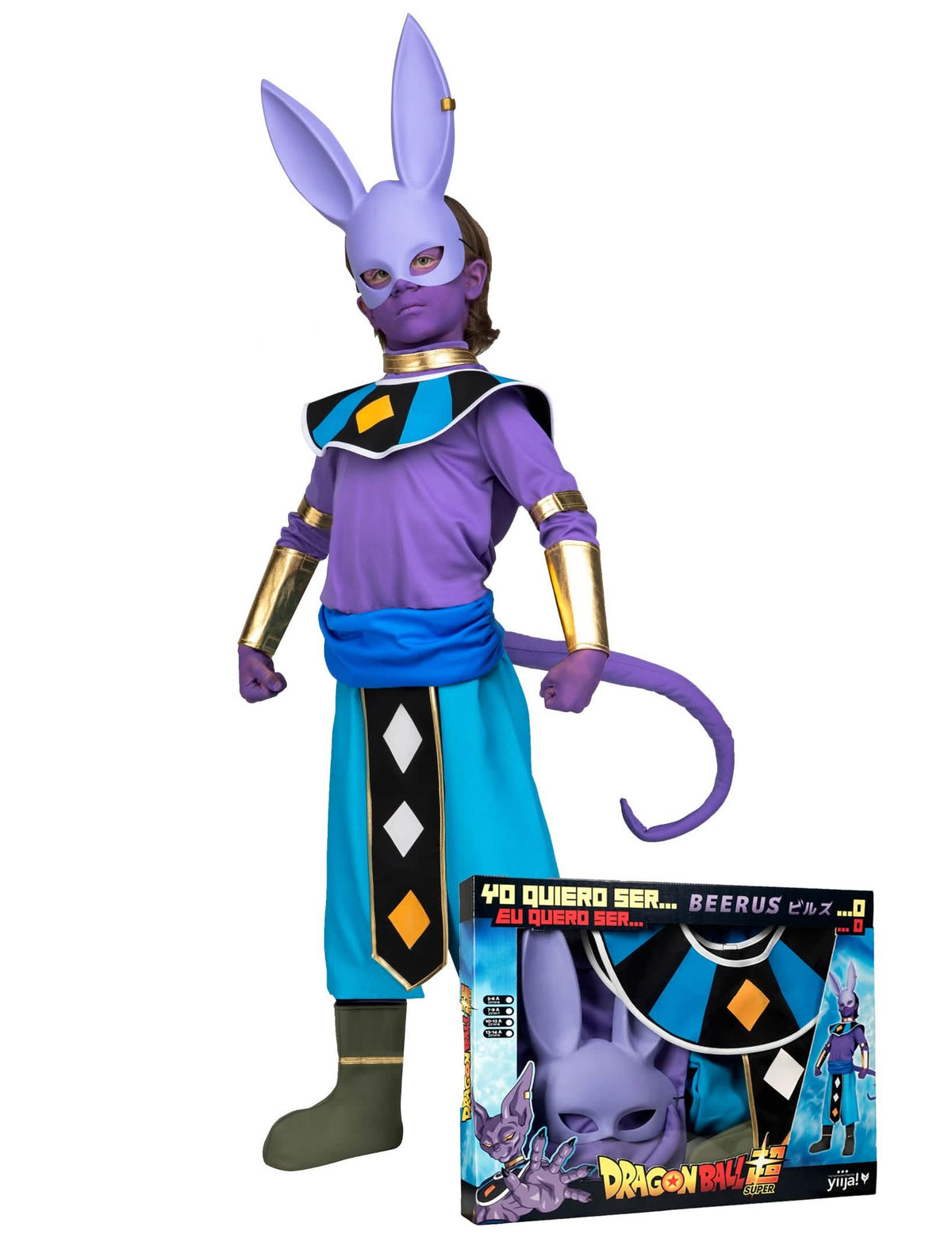 Festive Verkleidung mit Maske Beerus Dragon Ball für Kinder Violett und Blau mit goldenen Details