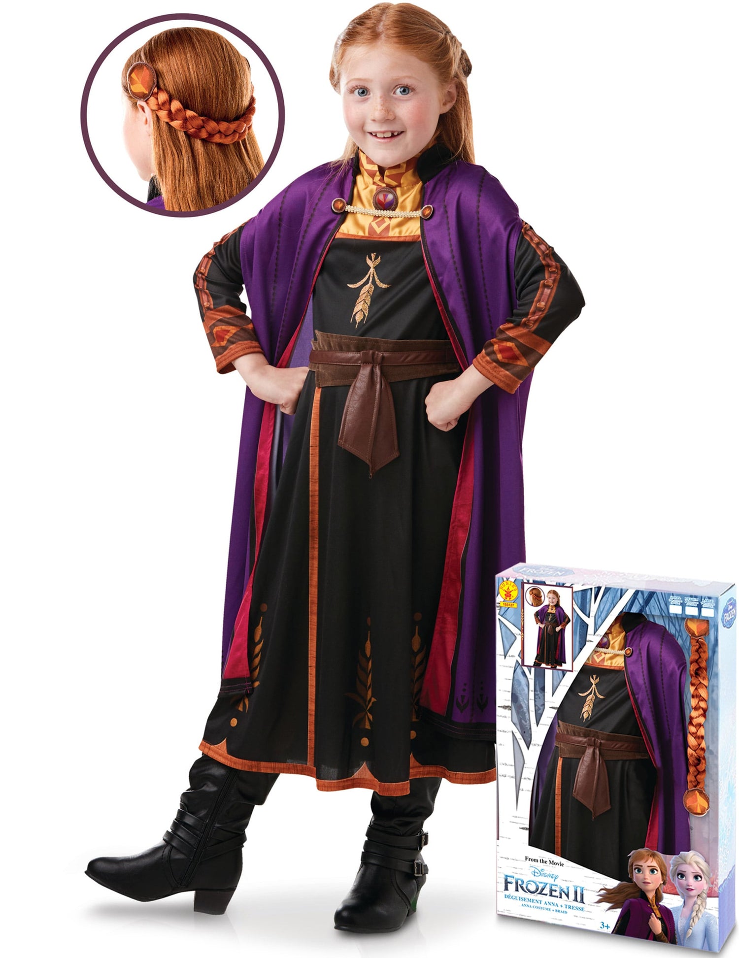 Coffret déguisement et tresse Anna La reine des neiges 2 pour fille noir et violet avec cape