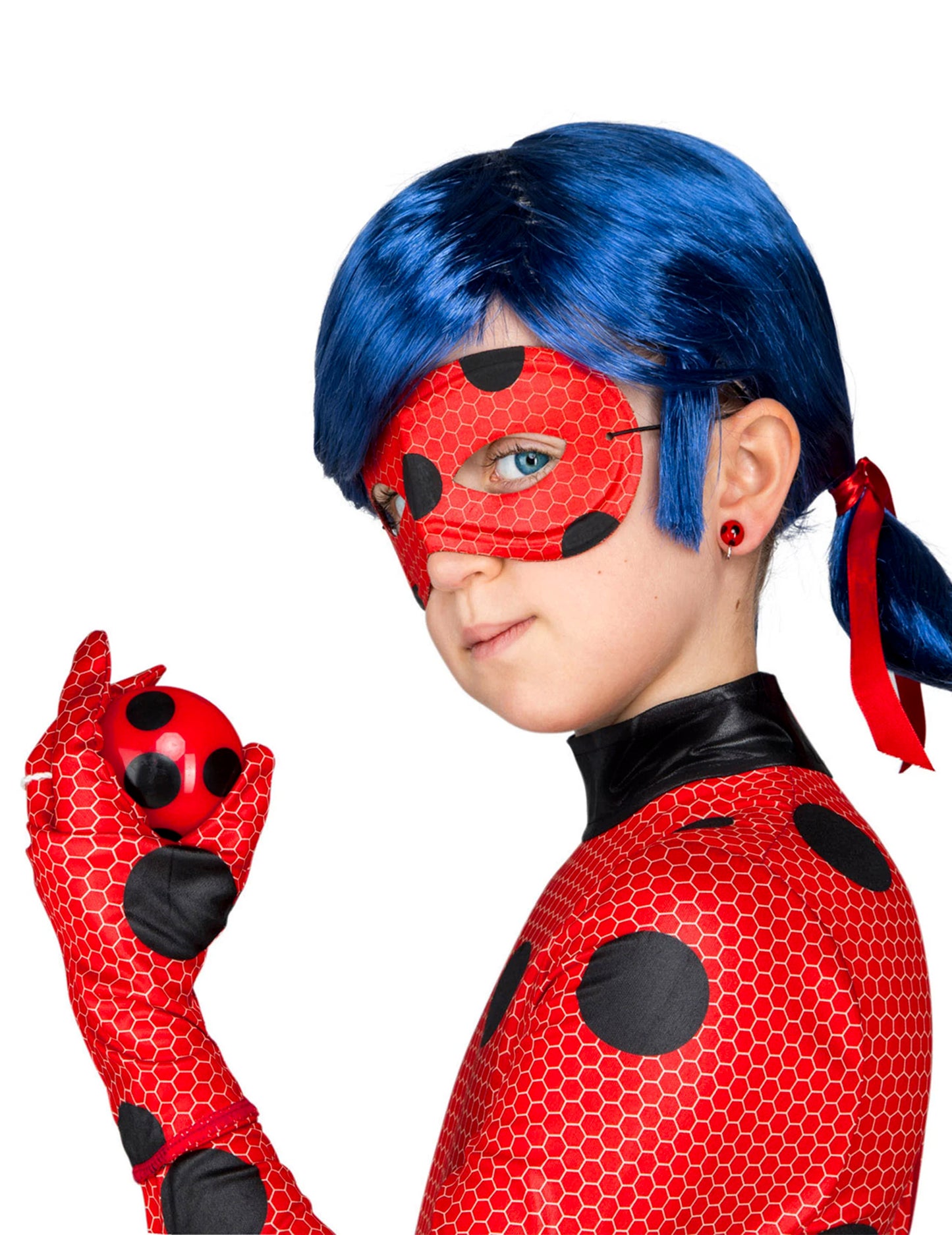 Vue de profil du masque et du yo-yo du déguisement complet Ladybug Miraculous™ pour enfant