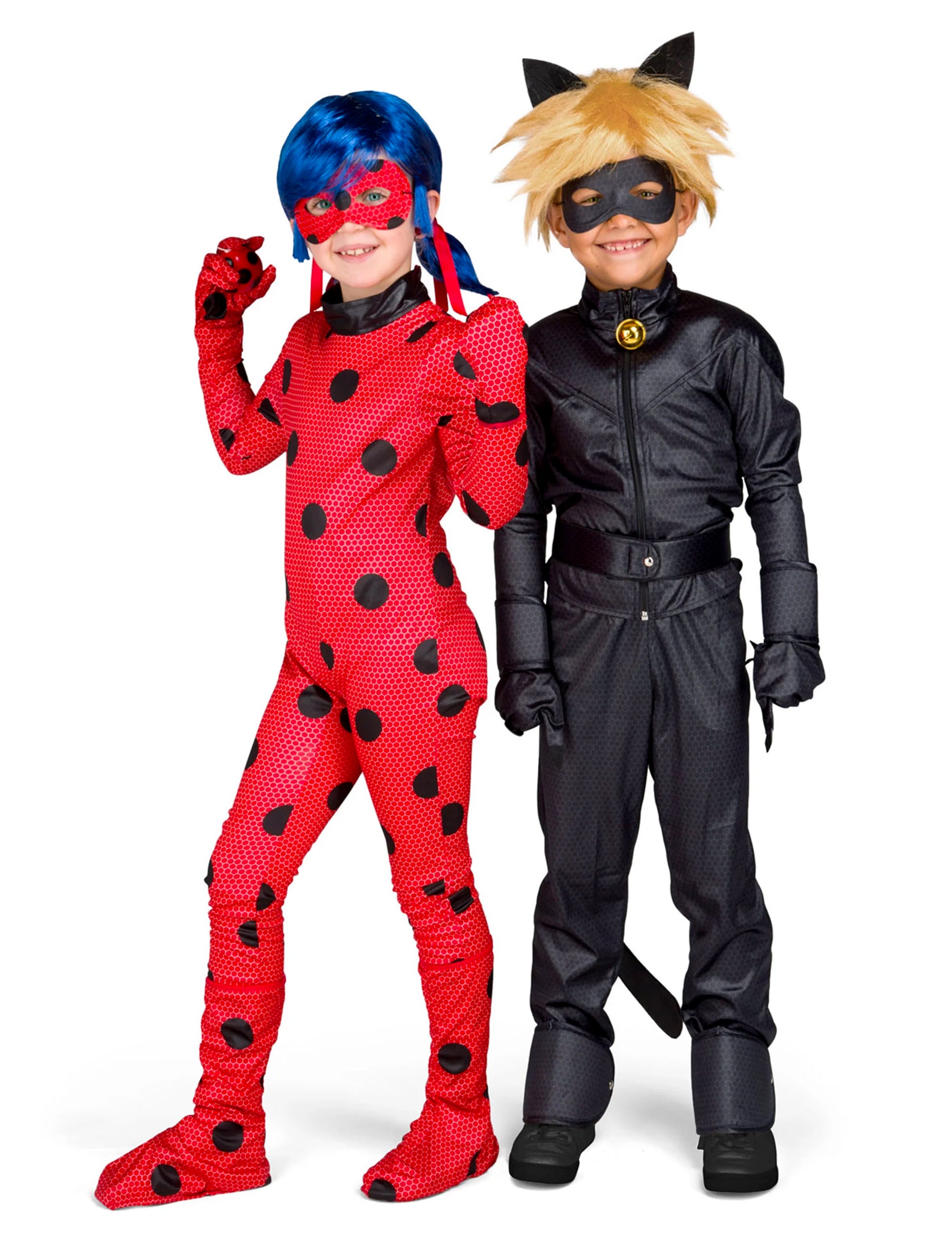 Vue d'ensemble avec Chat Noir du déguisement complet Ladybug Miraculous™ pour enfant