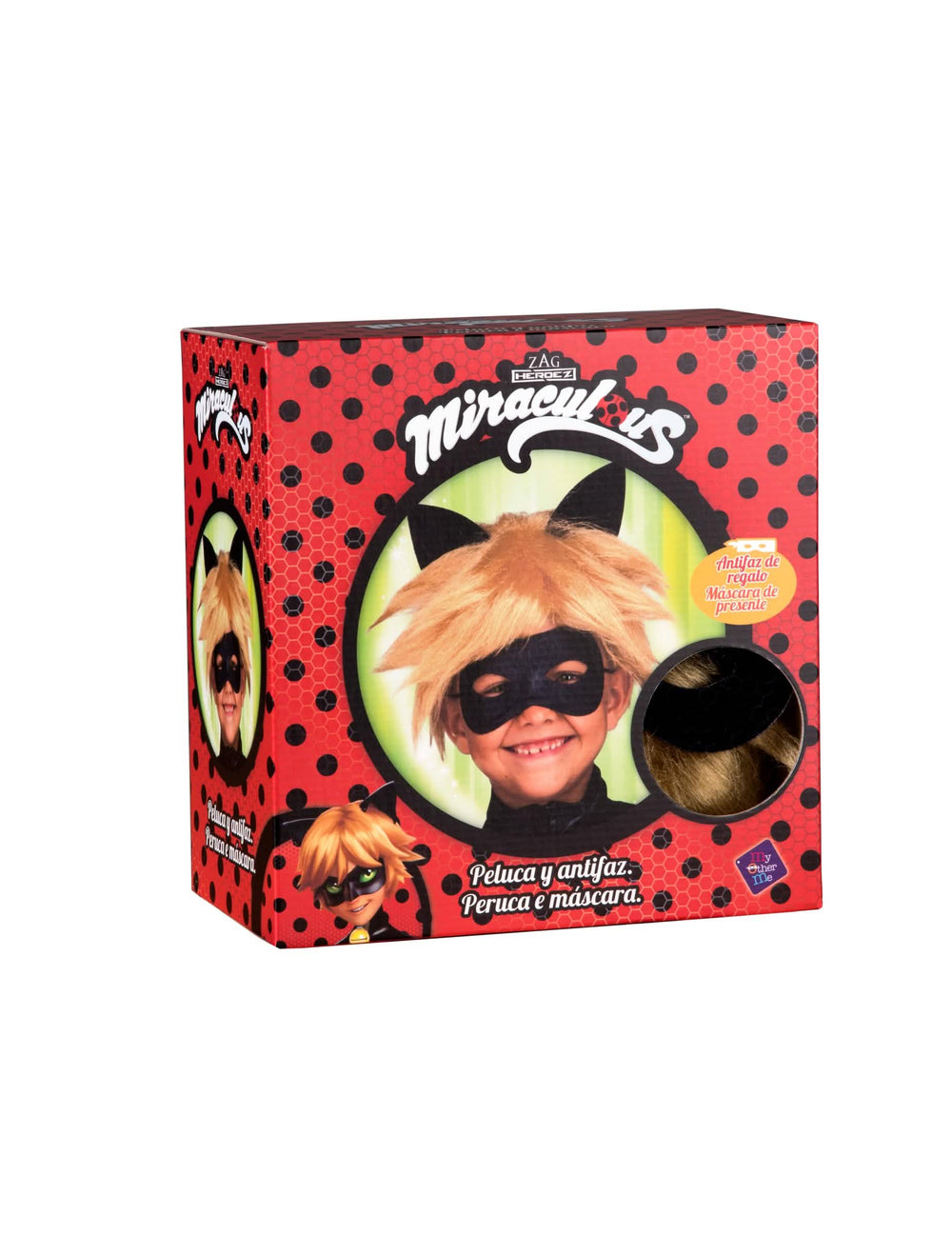 Verpackungsansicht der Miraculous - Ladybug Schwarz Katze-Perücke und Maske für Kinder